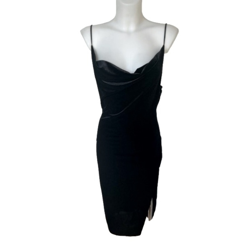 Boohoo Black Velvet Ruched Fitted Bodycon Mini Dress with Slit Size 8